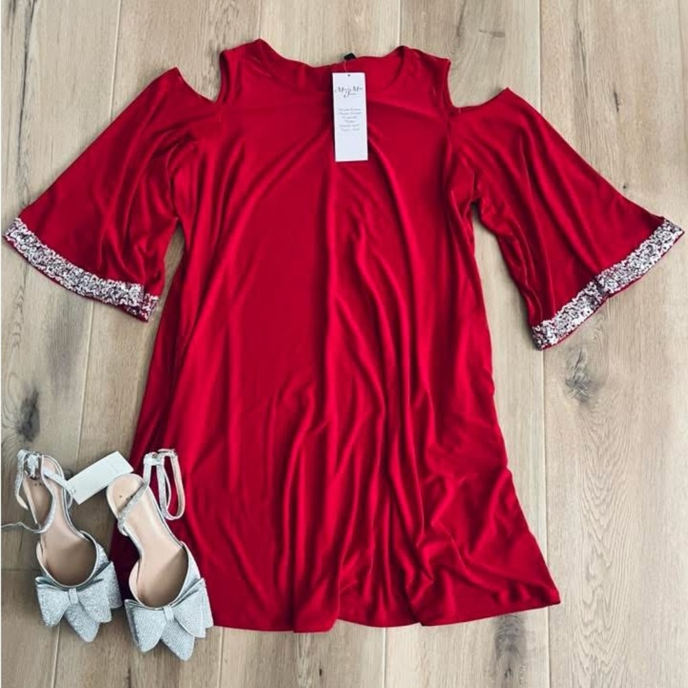 NEW Red Plus Size Dress cold shoulder sequined sparkle sleeve detail